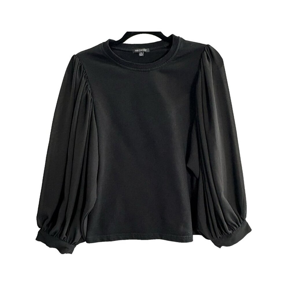 FOR CYNTHIA Women Pullover Chiffon Balloon Sleeve Mix Media Top Sz M Black 1a-13
